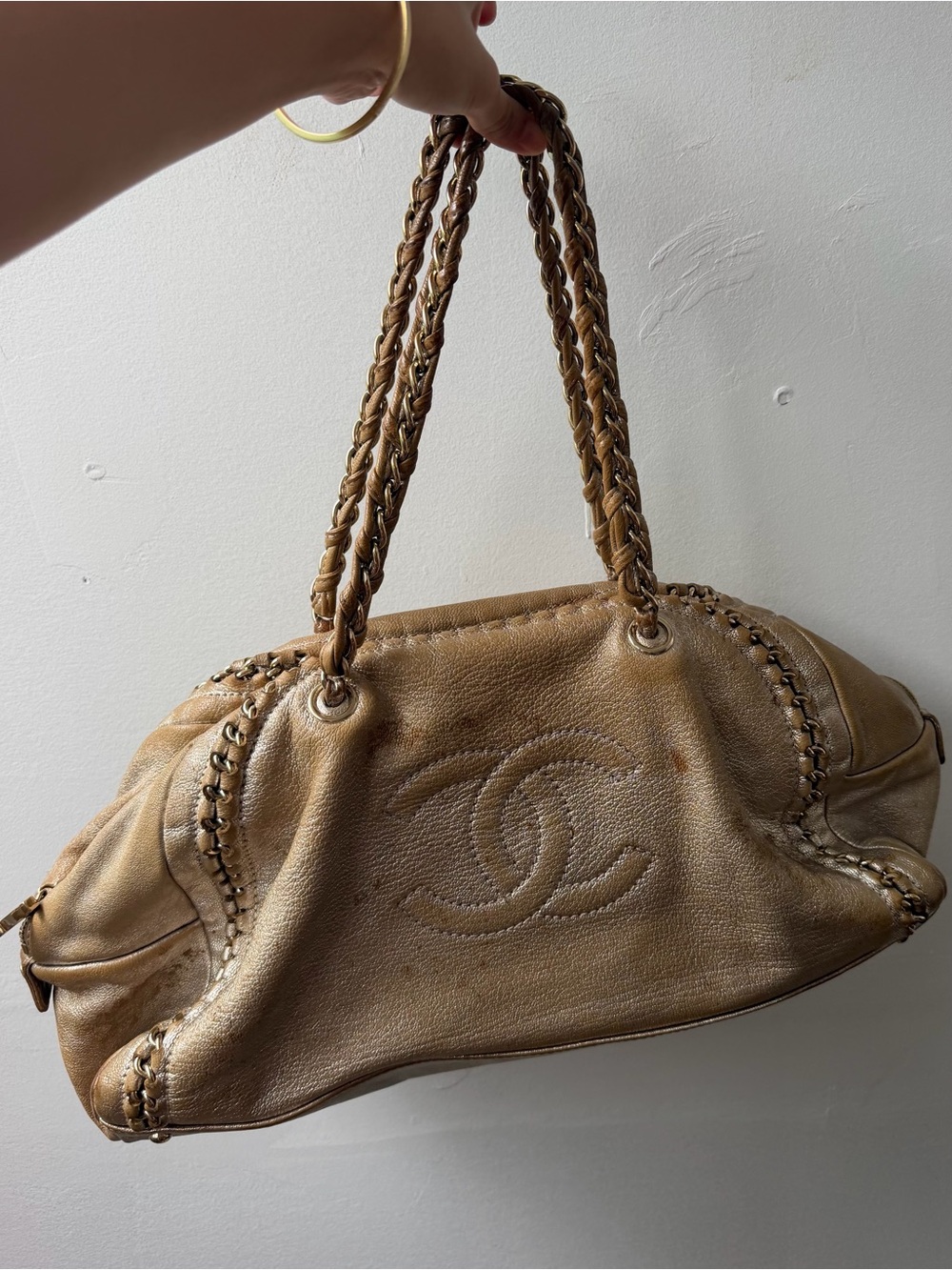Authentic Chanel Vintage Metallic Bronze/Gold Luxury Ligne Bowler Tote Bag
